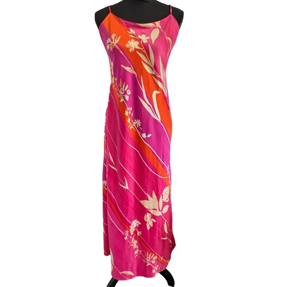 Natori Pink Orange Floral Diagonal Stripe Bias Cut Slip Midi Dress Womens Small - Picture 4 of 7